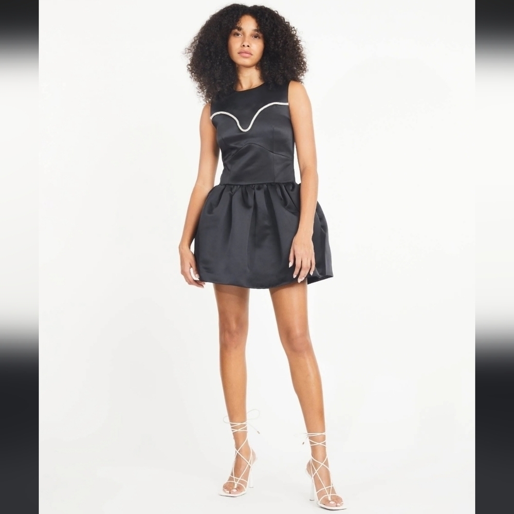 TANYA TAYLOR NWT Noaki Embellished Black Satin Mini Flare Dress Size 2
